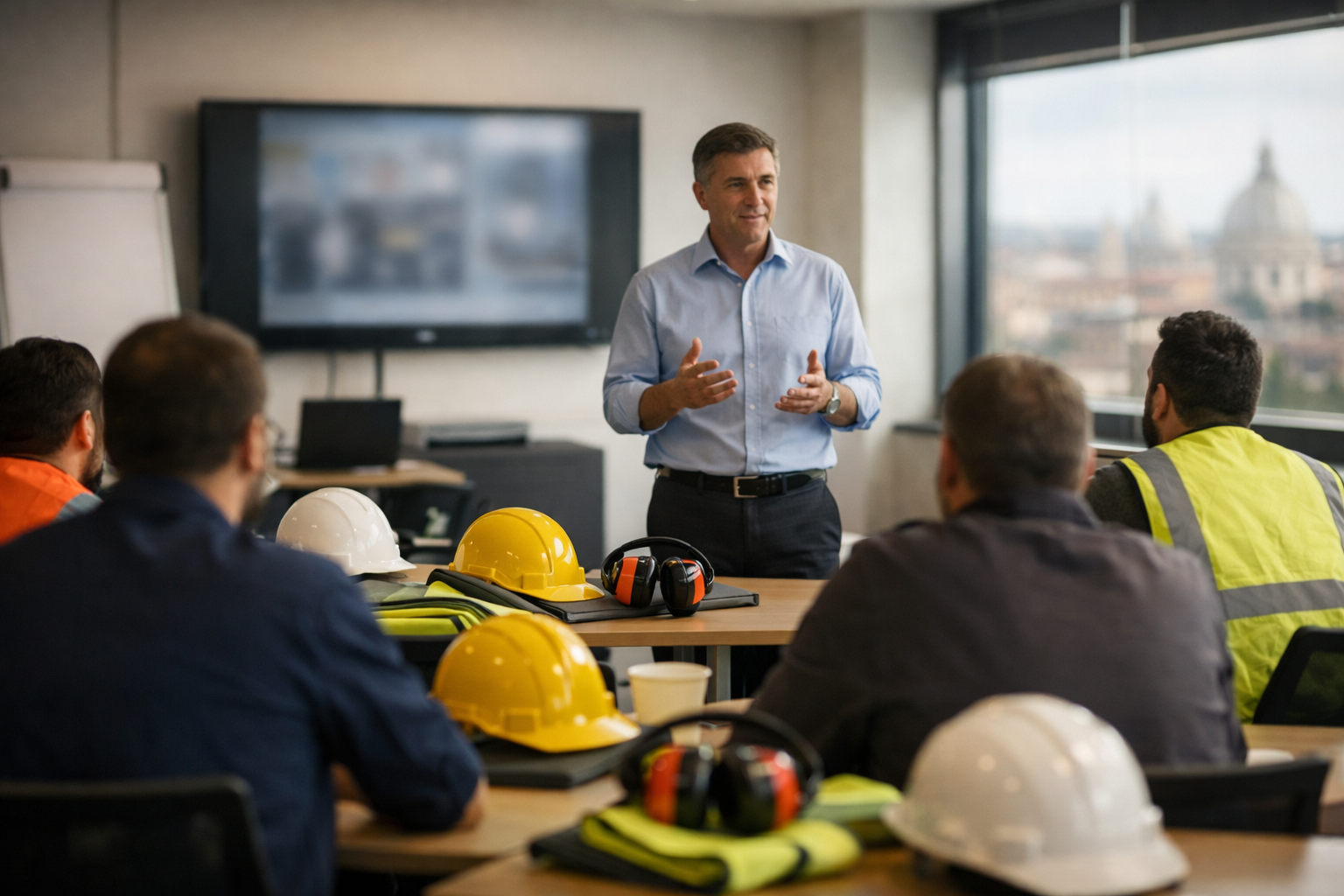 Formatore durante un corso sulla sicurezza sul lavoro in azienda a Roma, con lavoratori impegnati nella formazione sulla prevenzione dei rischi