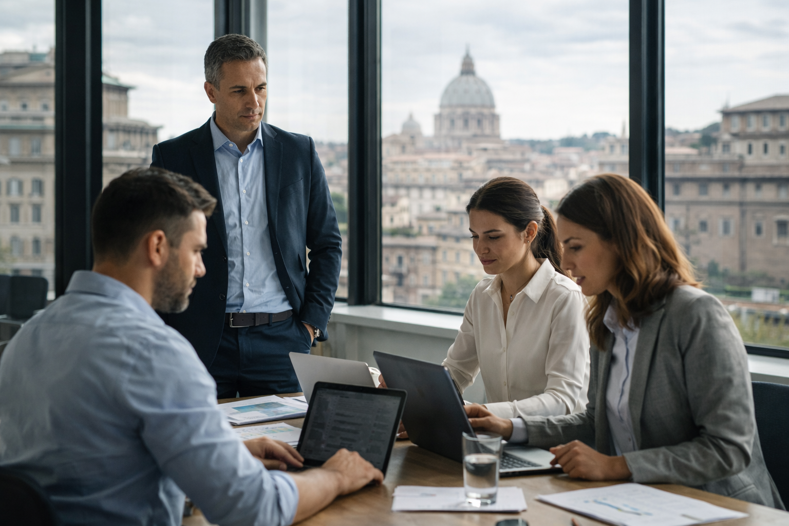 Il preposto a Roma durante la supervisione operativa in azienda, simbolo di controllo, responsabilità e sicurezza sul lavoro